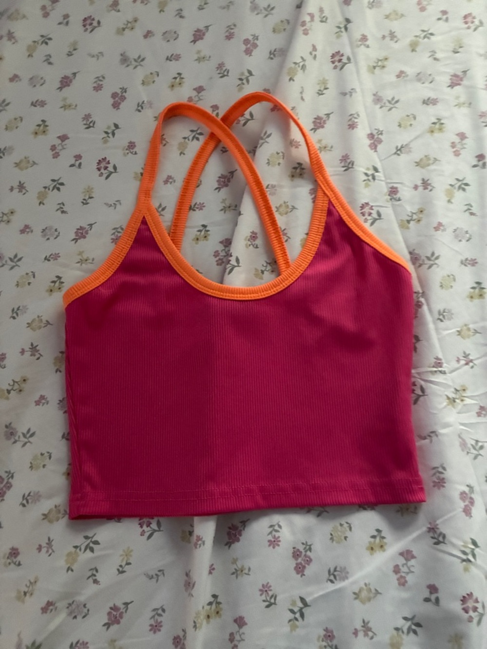 SHEIN Hot Pink Ribbed Crop Tank with Orange Trim